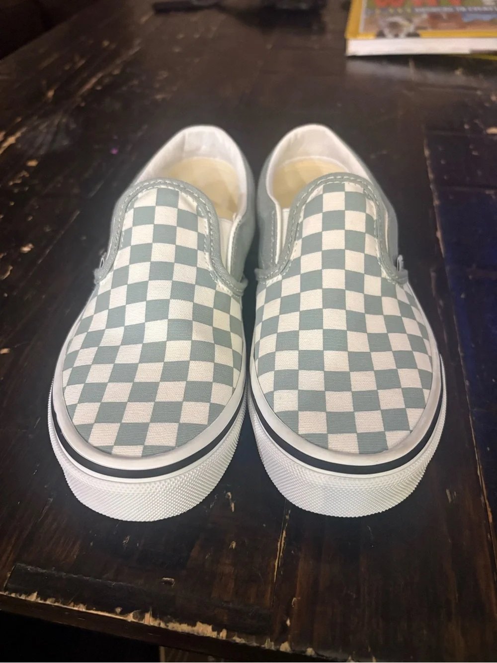 Vans Kids Slip-On Checkerboard Sneakers in mint green/White